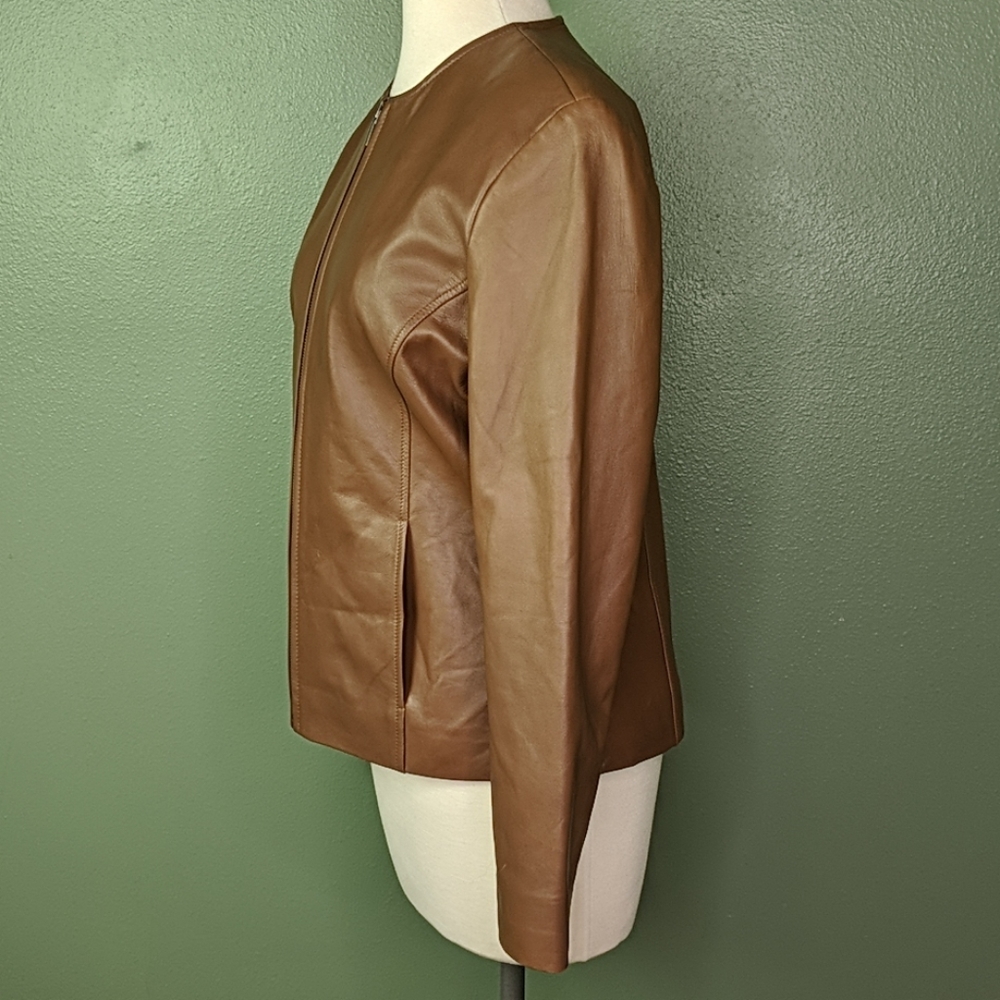 Bernardo Leather Classic Round Neck Carmel Jacket - Picture 6 of 8
